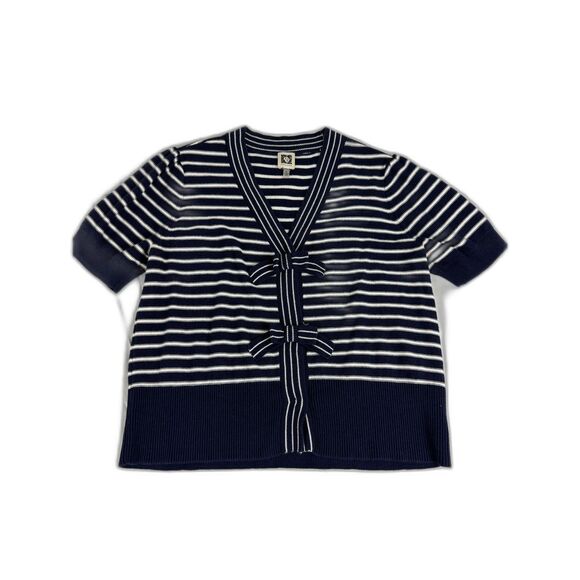 Anne Klein Tops - Anne Klein Women's M Navy White Striped Short Sleeve Bow Front Knit Cardigan